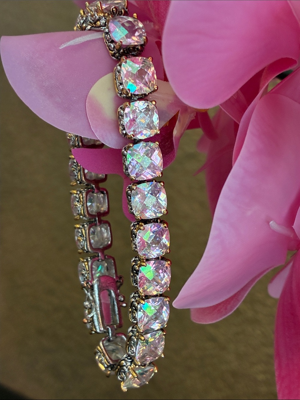 Sparkling Crystal Tennis Bracelet  Aurora Borealis Cushion Cut Stones